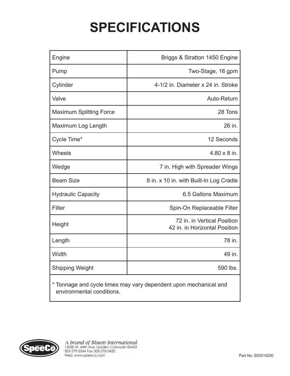 Specifications | Speeco S401628BB User Manual | Page 17 / 17