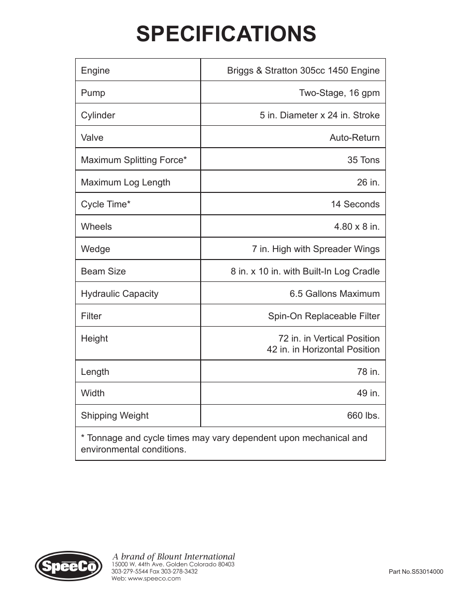 Specifications | Speeco S401635BB User Manual | Page 19 / 19