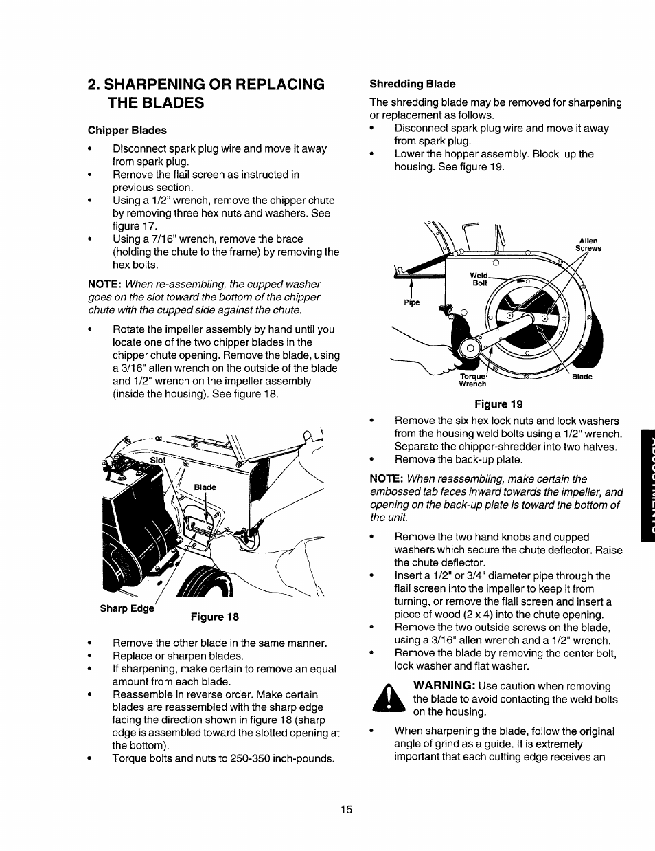 Sharpening or replacing the blades, Shredding blade, Chipper blades | Craftsman 247.775860 User Manual | Page 15 / 46