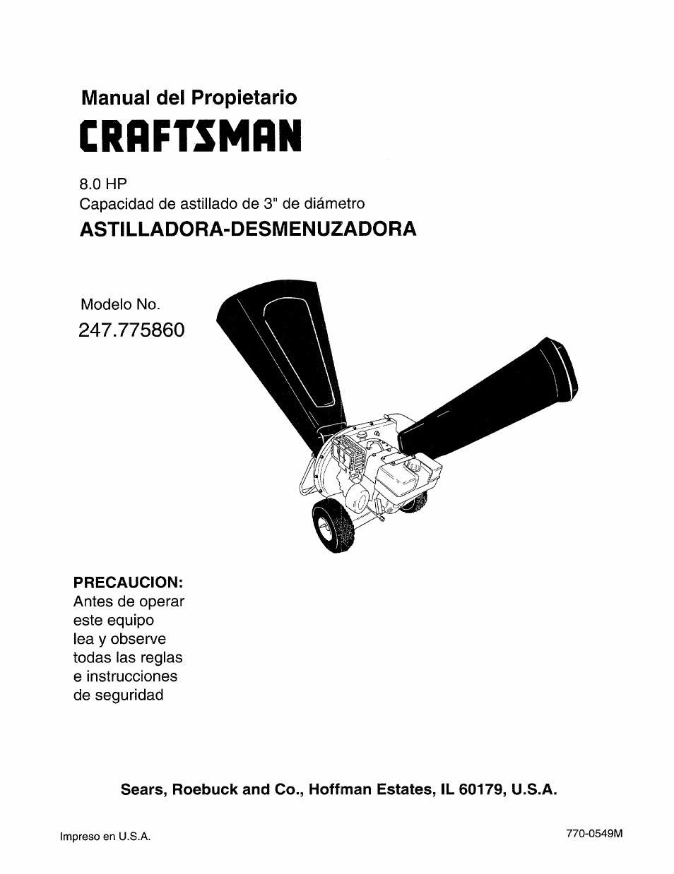Manual del propietario, Astilladora-desmenuzadora, Precaucion | Craftsman | Craftsman 247.775860 User Manual | Page 28 / 46