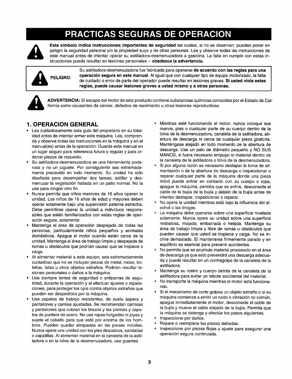 Practicas seguras de operacion, Peligro | Craftsman 247.775860 User Manual | Page 30 / 46