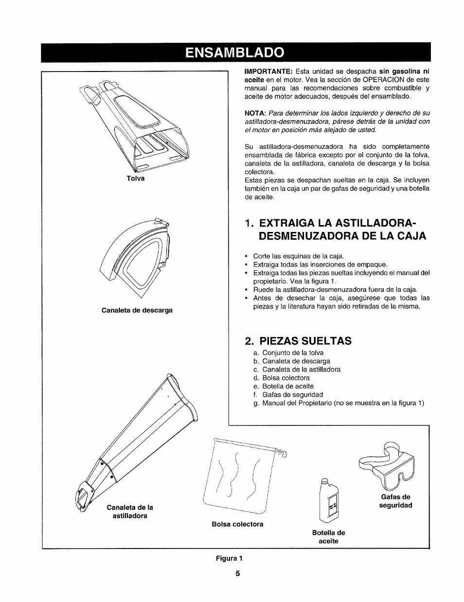 Ensamblado, Extraiga la astilladora- desmenuzadora de la caja, Piezas sueltas | Craftsman 247.775860 User Manual | Page 32 / 46