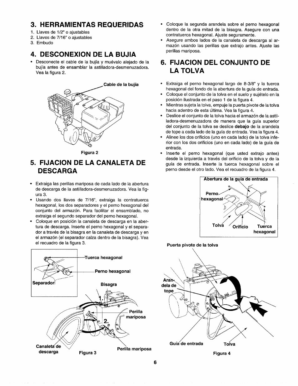 Herramientas requeridas, Desconexion de la bujia, Fijacion de la canaleta de descarga | Fijacion del conjunto de la tolva | Craftsman 247.775860 User Manual | Page 33 / 46