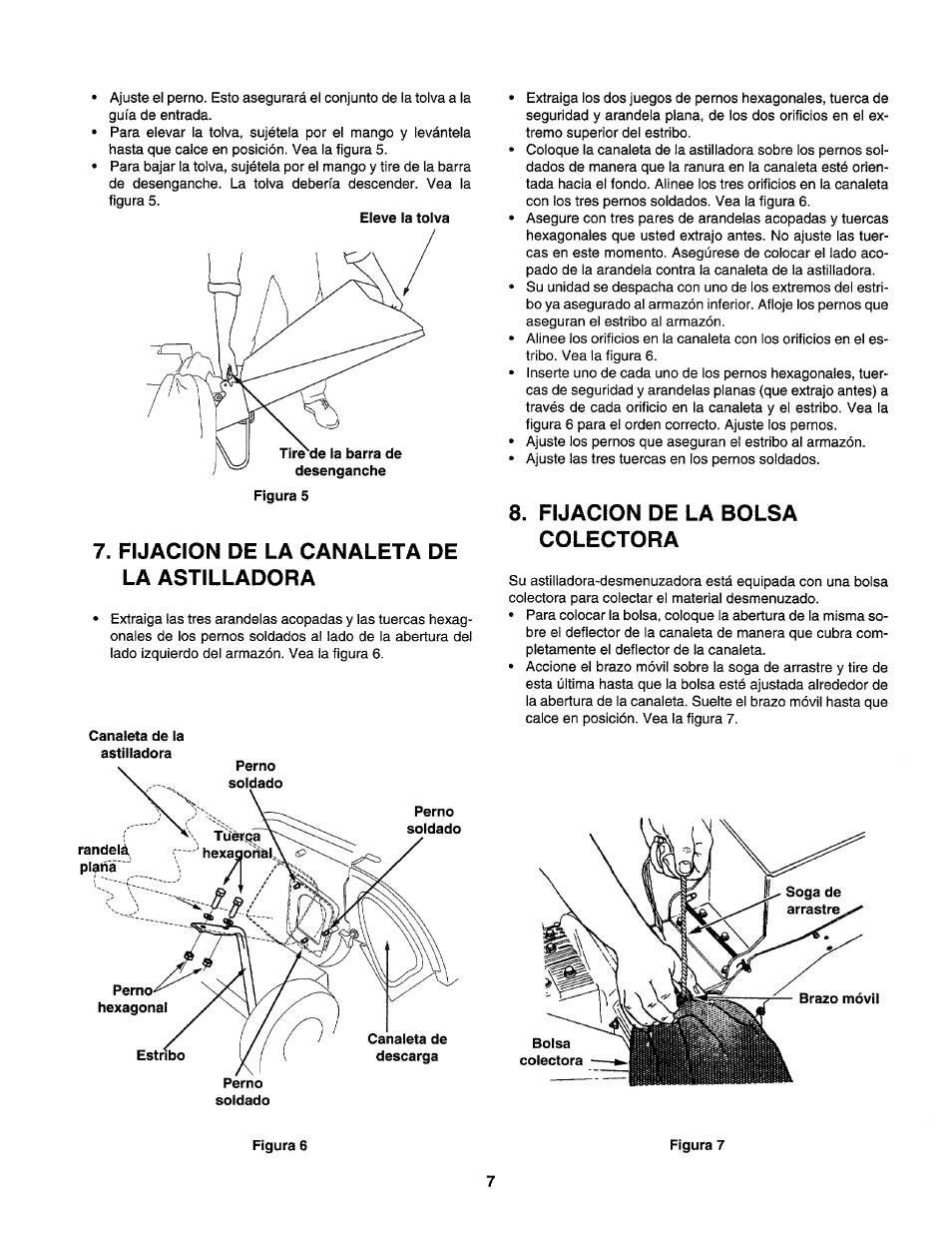 Fijacion de la canaleta de la astilladora, Fijacion de la bolsa colectora | Craftsman 247.775860 User Manual | Page 34 / 46