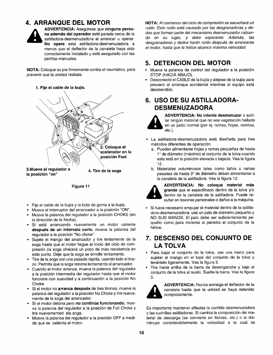 Arranque del motor, Detencion del motor, Uso de su astilladora- desmenuzadora | Descenso del conjunto de la tolva | Craftsman 247.775860 User Manual | Page 37 / 46
