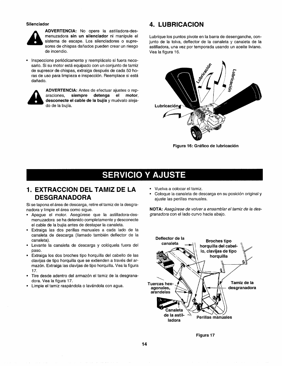 Lubricacion, Servicio y ajuste, Extraccion del tamiz de la desgranadora | Craftsman 247.775860 User Manual | Page 41 / 46