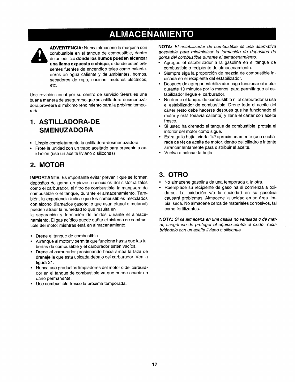 Almacenamiento, Astilladora-de smenuzadora, Motor | Otro | Craftsman 247.775860 User Manual | Page 44 / 46