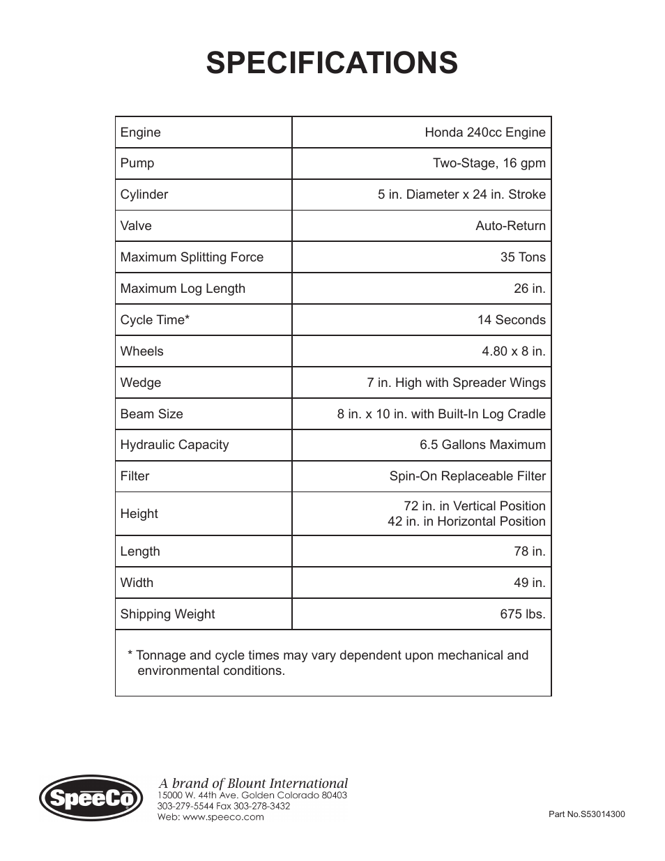 Specifications | Speeco S401635PH User Manual | Page 18 / 18