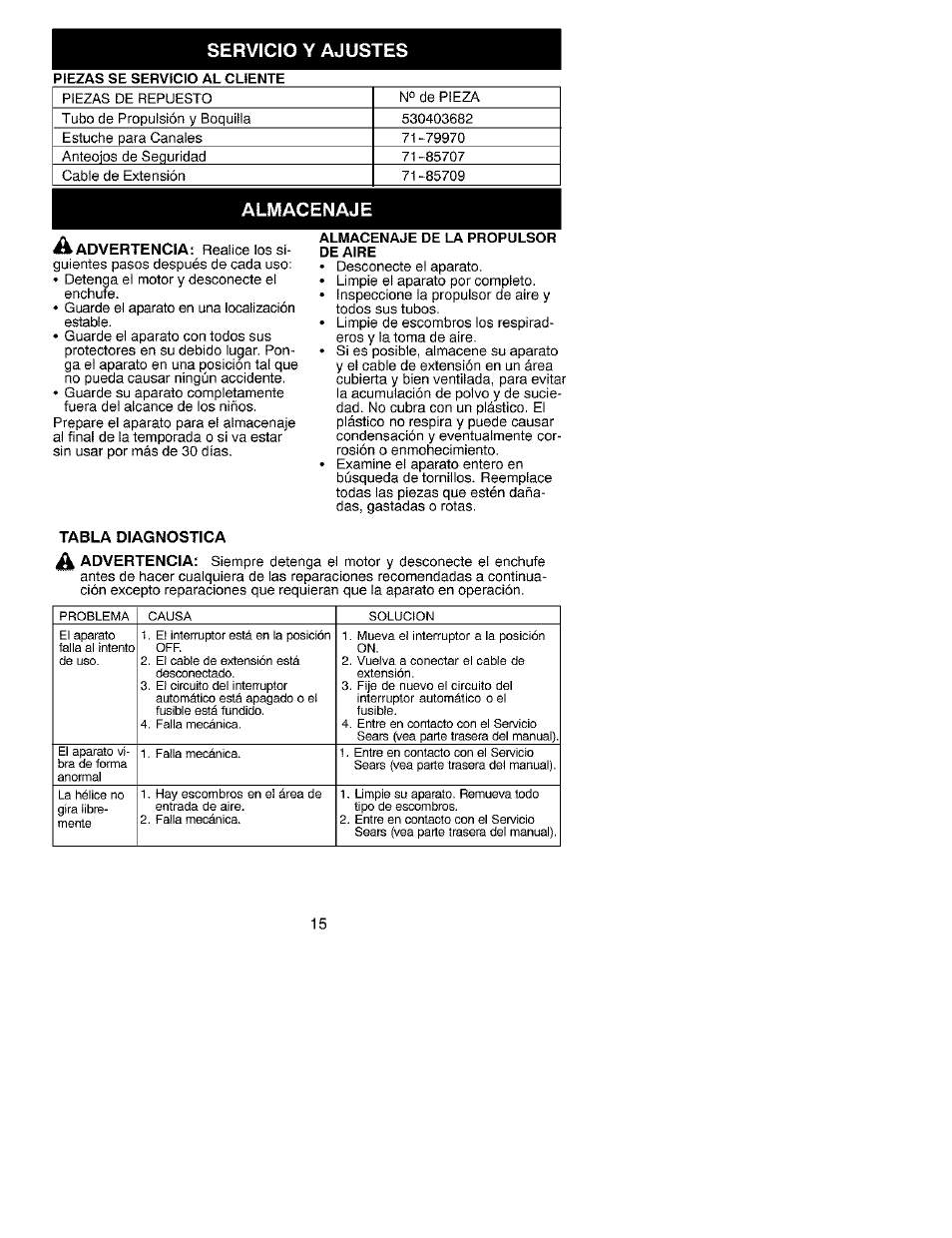 Servicio y ajustes, Almacenaje | Craftsman 358.799341 User Manual | Page 15 / 15