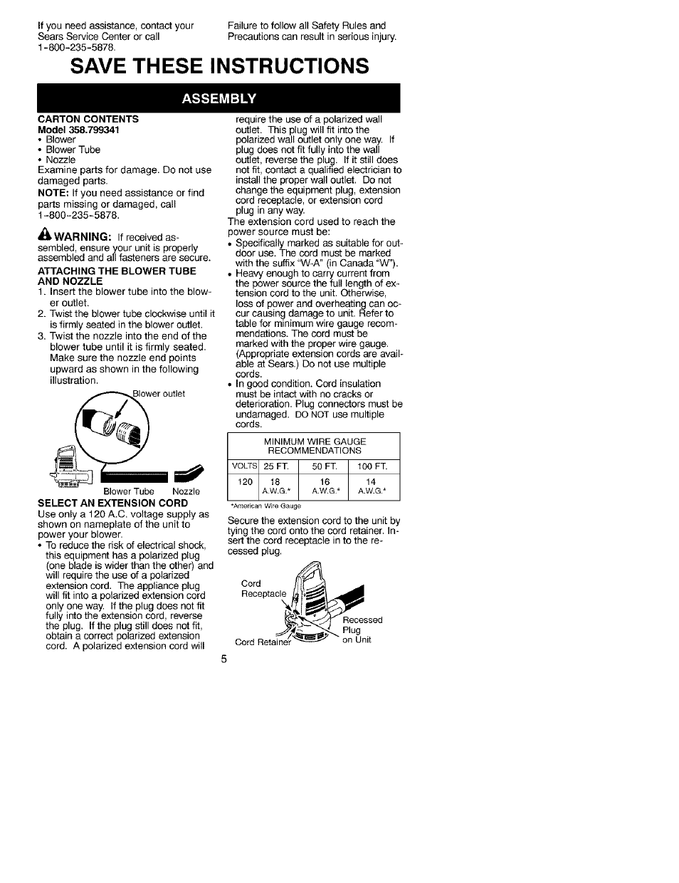 Save these instructions, Assembly | Craftsman 358.799341 User Manual | Page 5 / 15