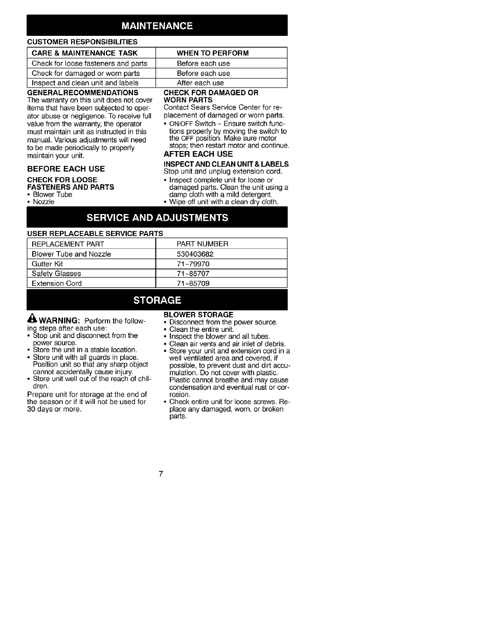 Maintenance, Service and adjustments, Storage | Craftsman 358.799341 User Manual | Page 7 / 15