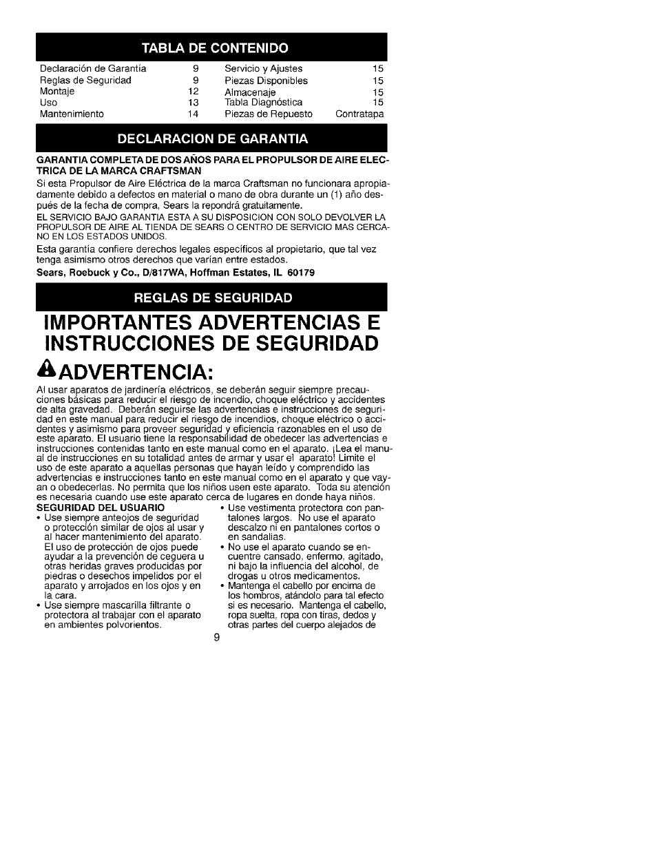 Dvertencia | Craftsman 358.799341 User Manual | Page 9 / 15