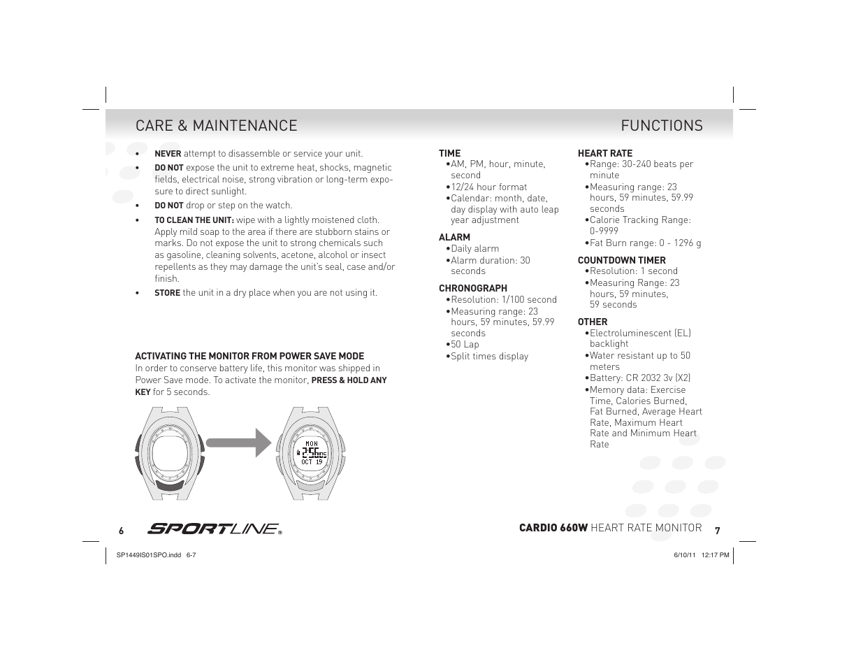 Functions care & maintenance | Sportline 660 CARDIO (Womens) User Manual | Page 4 / 15