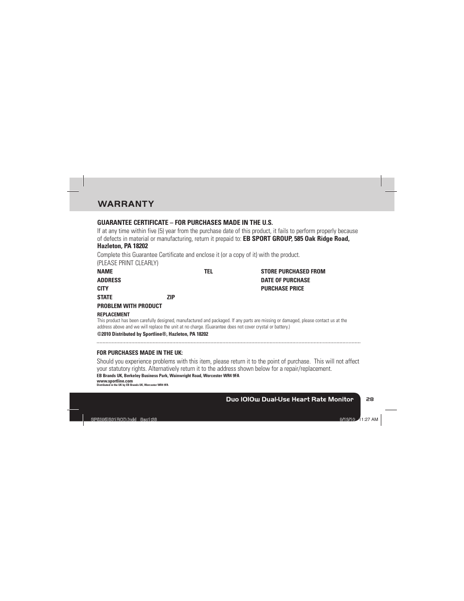 Warranty, Duo 1010w dual-use heart rate monitor | Sportline 1010 DUO (Womens) User Manual | Page 31 / 32