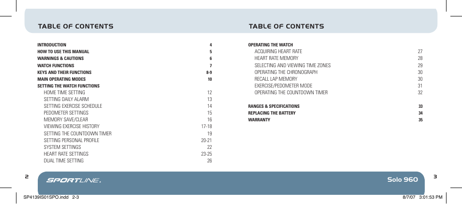 Solo 960 table of contents table of contents | Sportline 960 Solo User Manual | Page 3 / 36