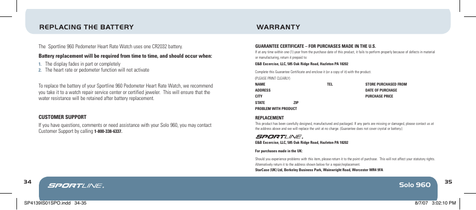 Solo 960, Replacing the battery warranty | Sportline 960 Solo User Manual | Page 34 / 36