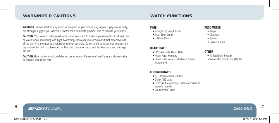 Solo 960 warnings & cautions, Watch functions | Sportline 960 Solo User Manual | Page 7 / 36