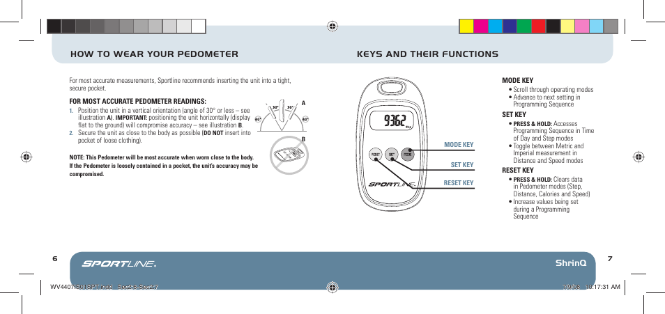 Shrinq how to wear your pedometer, Keys and their functions, Shrinq | Sportline 304 ShrinQ User Manual | Page 5 / 11