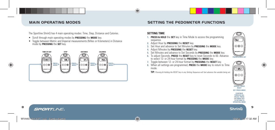 Shrinq main operating modes, Setting the pedometer functions | Sportline 304 ShrinQ User Manual | Page 6 / 11