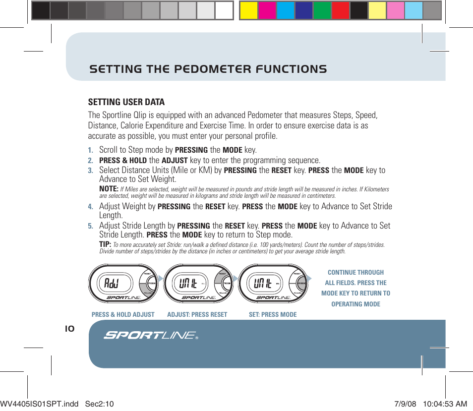 Setting the pedometer functions | Sportline 310 Qlip User Manual | Page 12 / 20