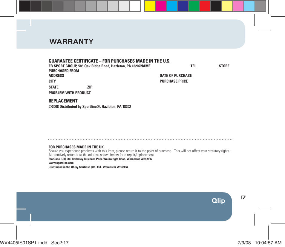 Qlip warranty | Sportline 310 Qlip User Manual | Page 19 / 20