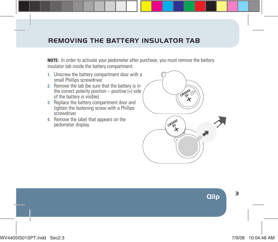 Qlip, Removing the battery insulator tab | Sportline 310 Qlip User Manual | Page 5 / 20