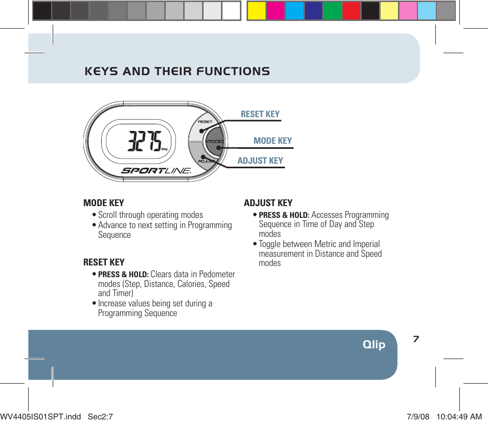 Qlip, Keys and their functions | Sportline 310 Qlip User Manual | Page 9 / 20