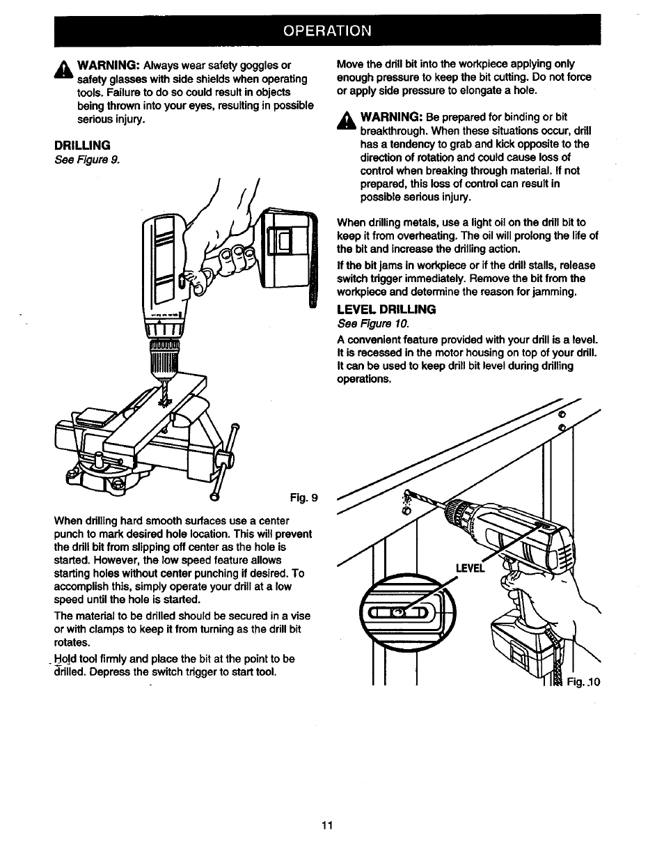 Drilling, Level drilling, Operation | Craftsman 315.110780 User Manual | Page 11 / 16