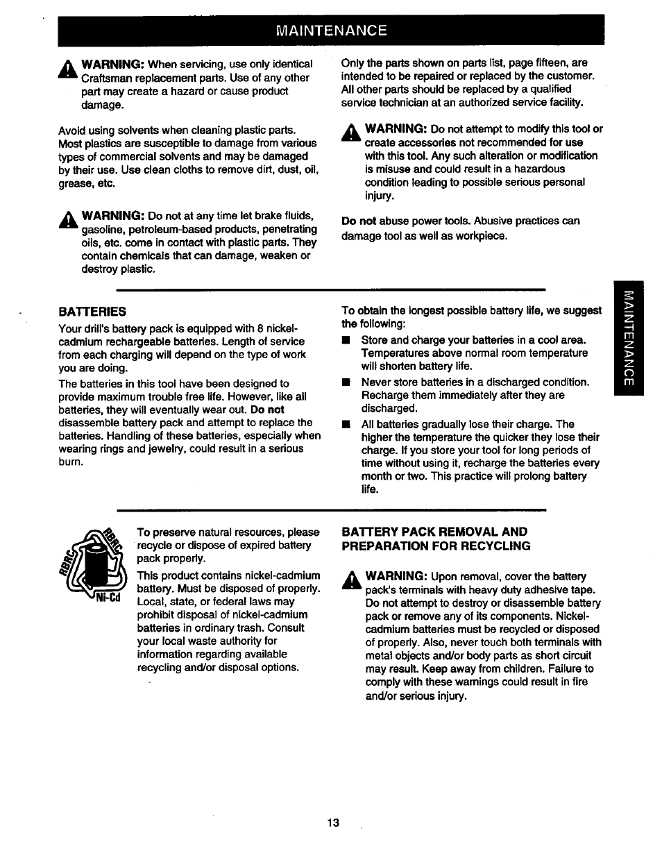 Maintenance, Batteries, Battery pack removal and preparation for recycling | Craftsman 315.110780 User Manual | Page 13 / 16