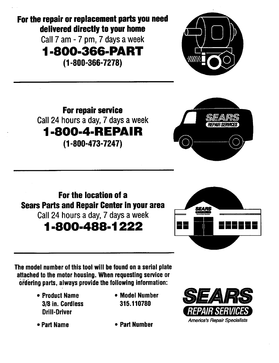 1 -800-366-part, 800-4-repair | Craftsman 315.110780 User Manual | Page 16 / 16