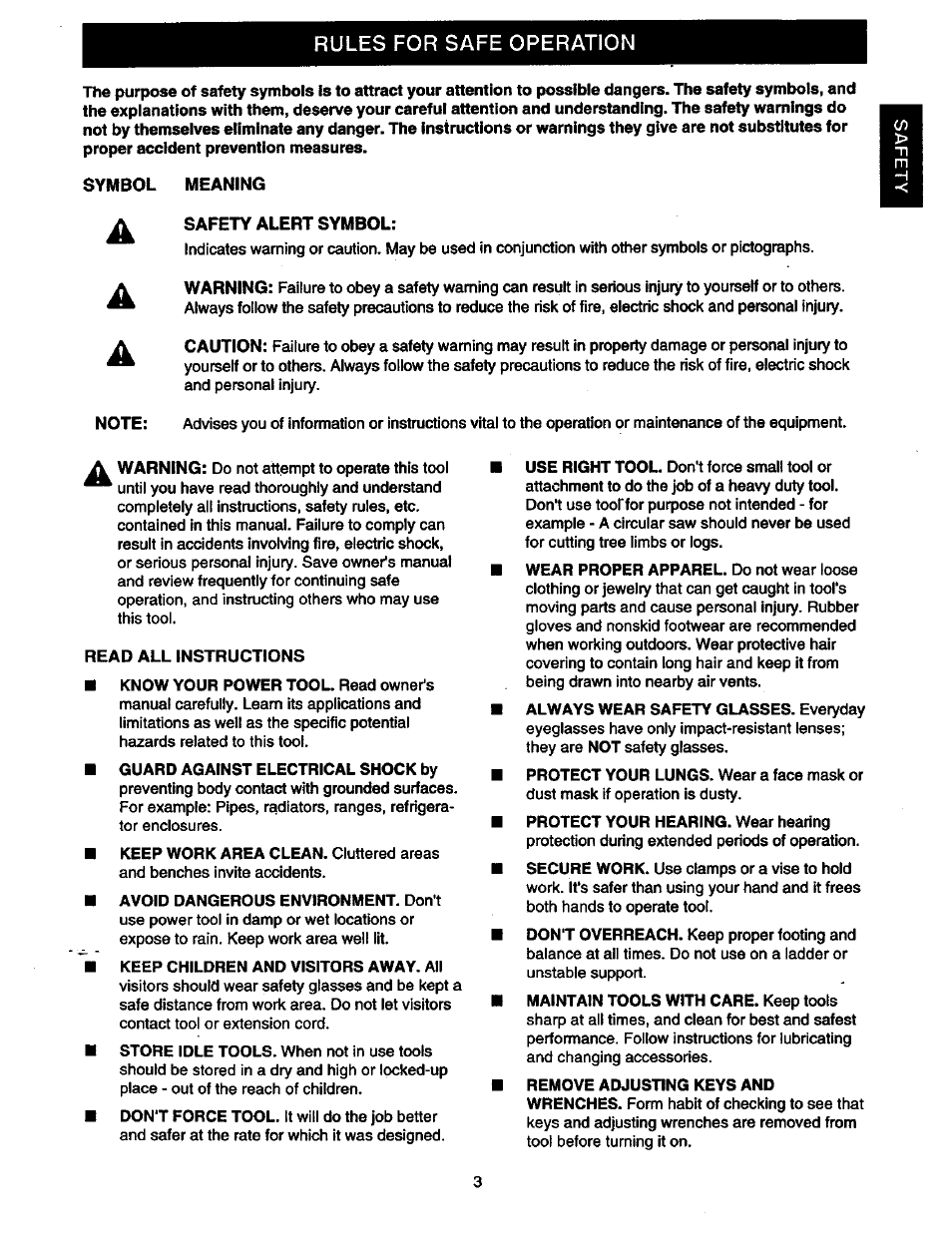 Symbol meaning, Safety alert symbol, Read all instructions | Rules for safe operation | Craftsman 315.110780 User Manual | Page 3 / 16