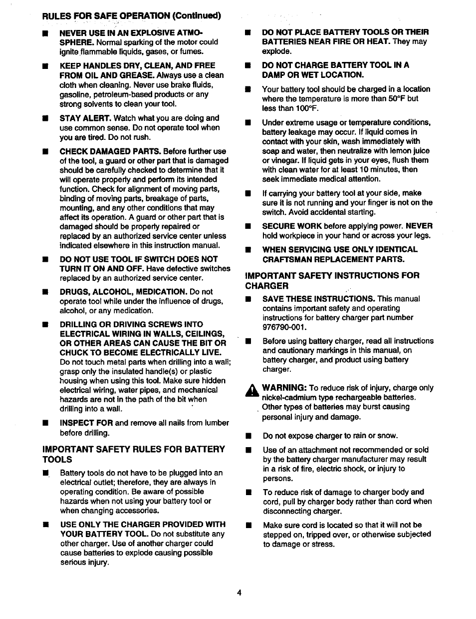 Important safety rules for battery, Tools, Important safety instructions for charger | A. important safety rules for battery tools, B. important safety instructions for charger | Craftsman 315.110780 User Manual | Page 4 / 16