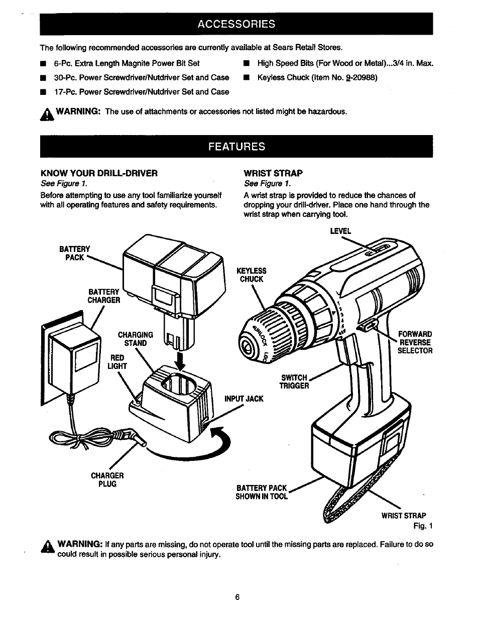 Features, Know your drill-driver, Wrist strap | Accessories | Craftsman 315.110780 User Manual | Page 6 / 16