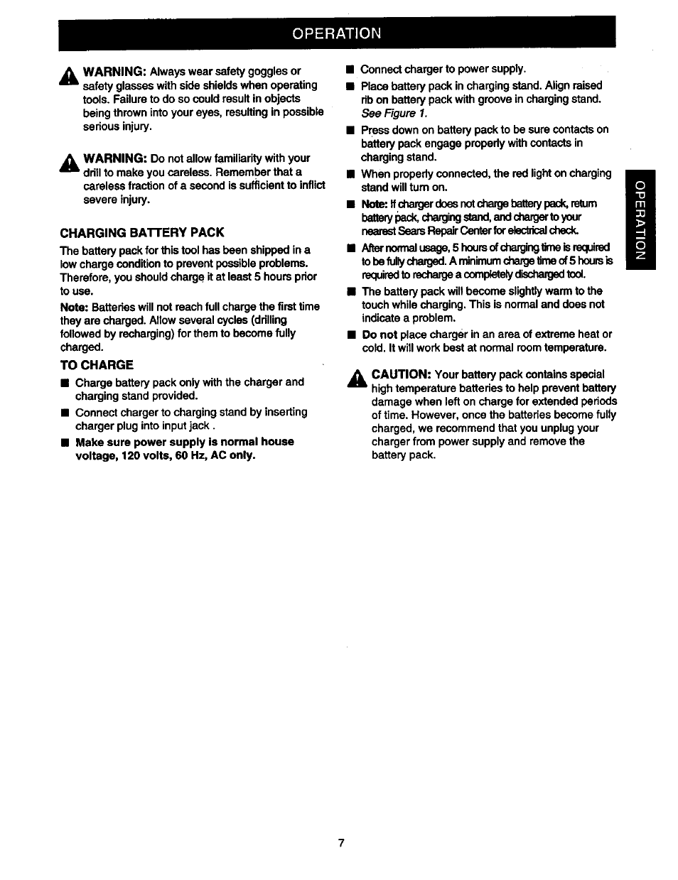 Charging battery pack, To charge, Operation | See figure 1 | Craftsman 315.110780 User Manual | Page 7 / 16