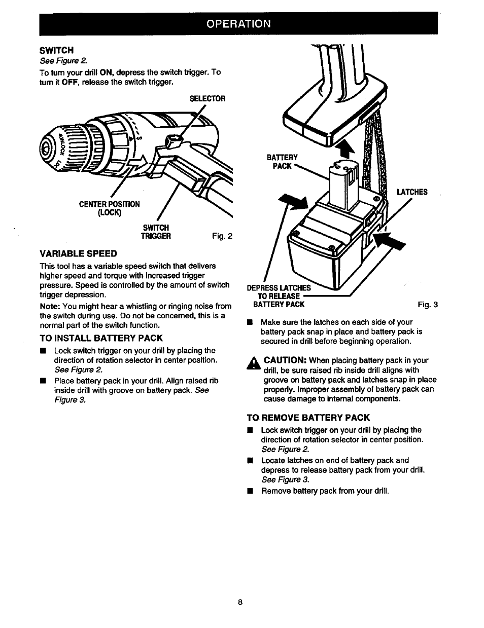 Switch, Variable speed, To install battery pack | To remove battery pack, Operation | Craftsman 315.110780 User Manual | Page 8 / 16