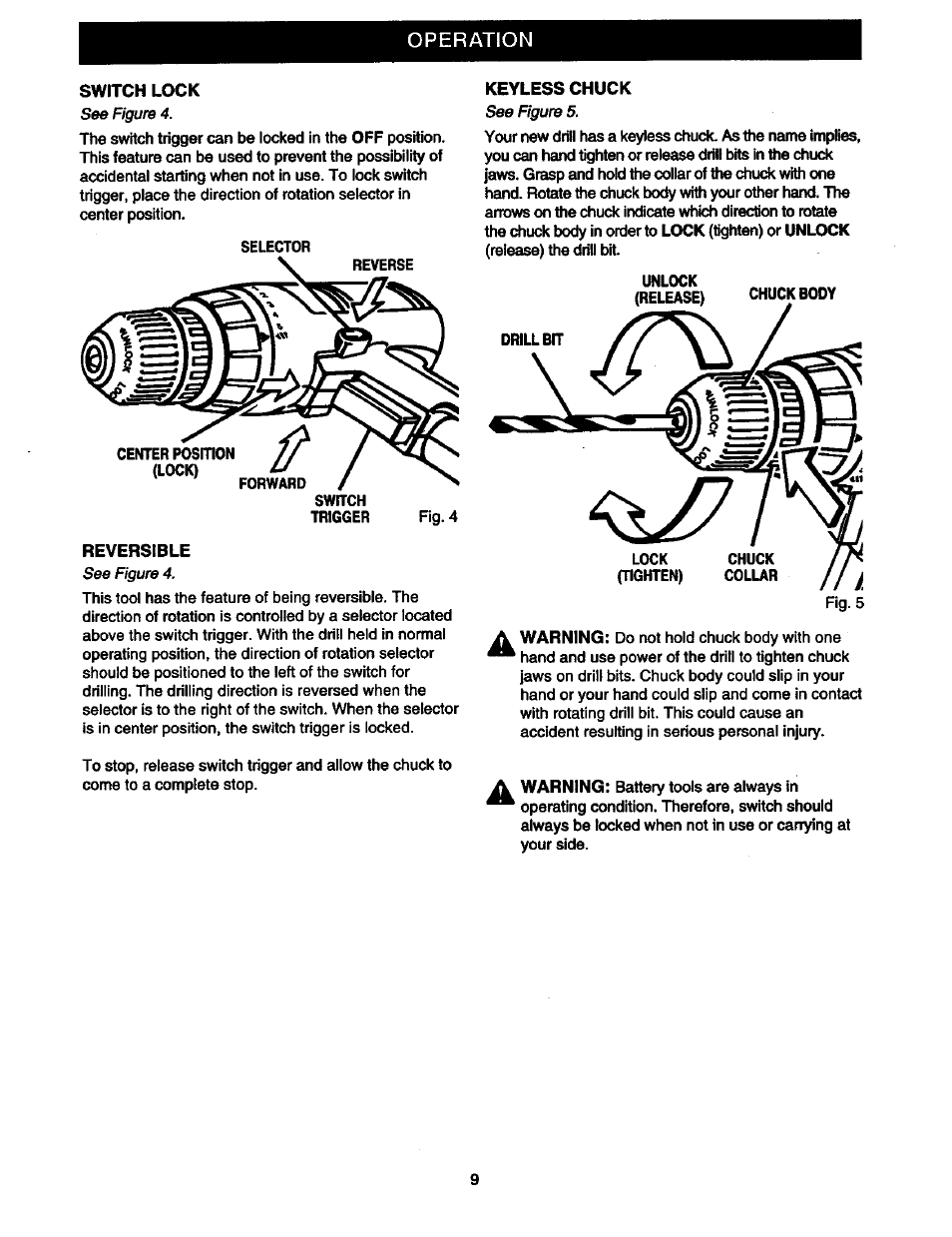 Switch lock, Keyless chuck, Reversible | Operation, See figure 4, See figure 5 | Craftsman 315.110780 User Manual | Page 9 / 16