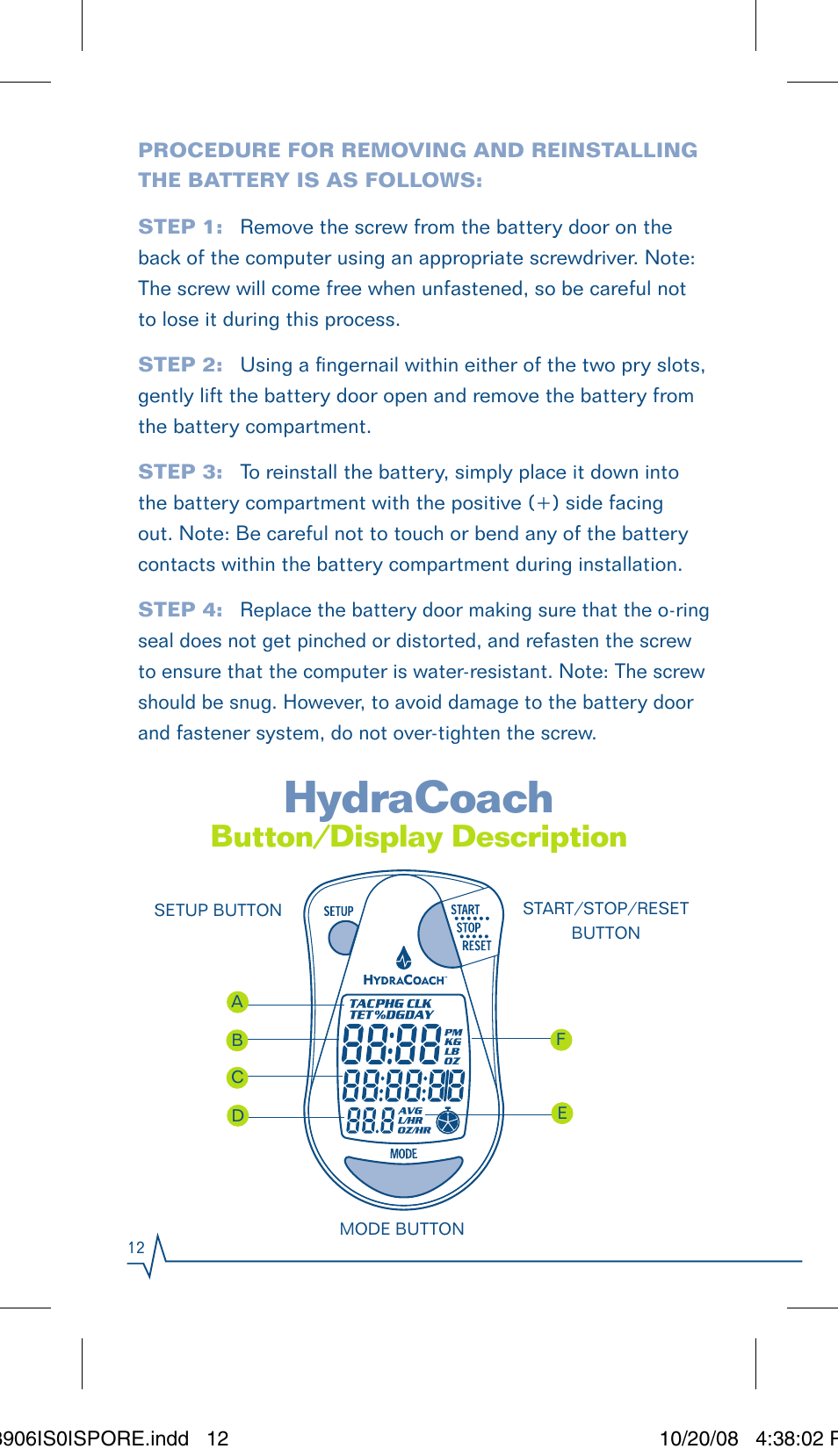 Hydracoach, Button/display description | Sportline Hydracoach User Manual | Page 12 / 28