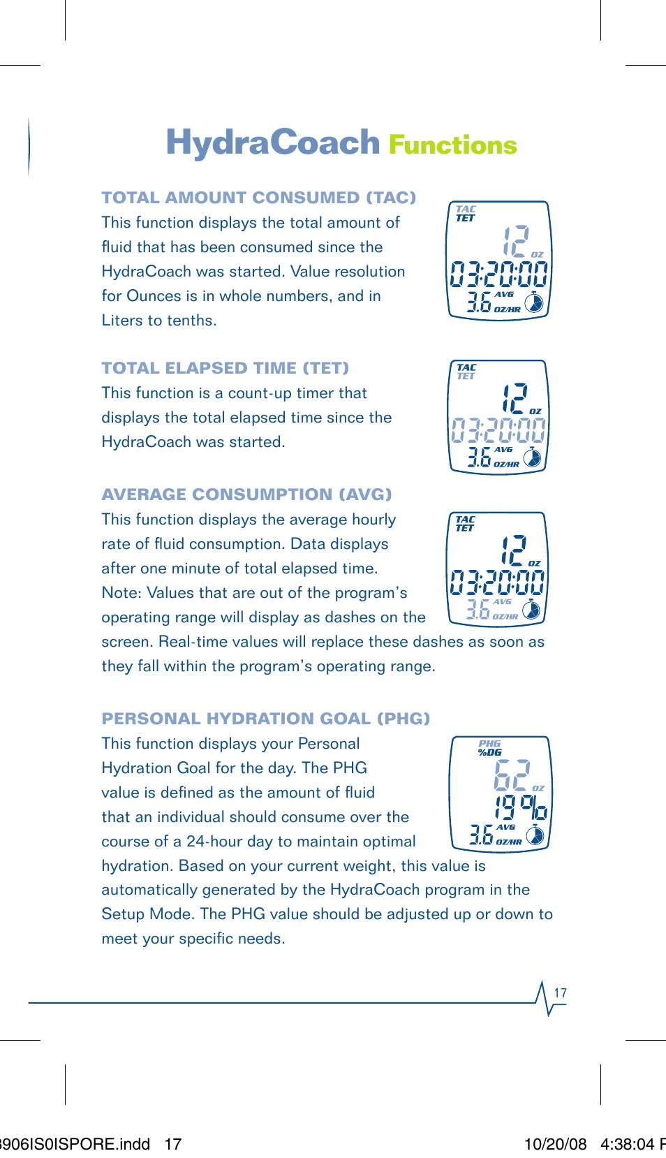 Hydracoach, Functions | Sportline Hydracoach User Manual | Page 17 / 28