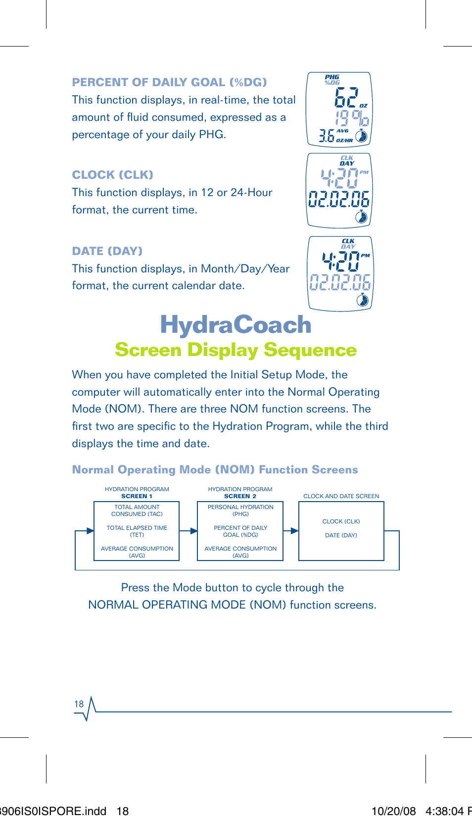 Hydracoach, Screen display sequence | Sportline Hydracoach User Manual | Page 18 / 28