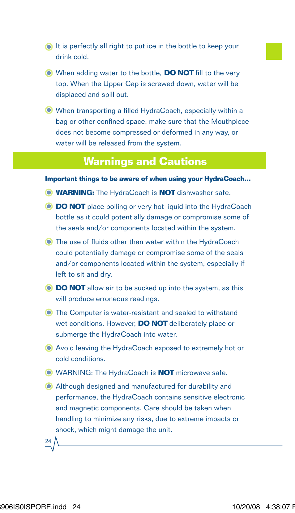 Warnings and cautions | Sportline Hydracoach User Manual | Page 24 / 28