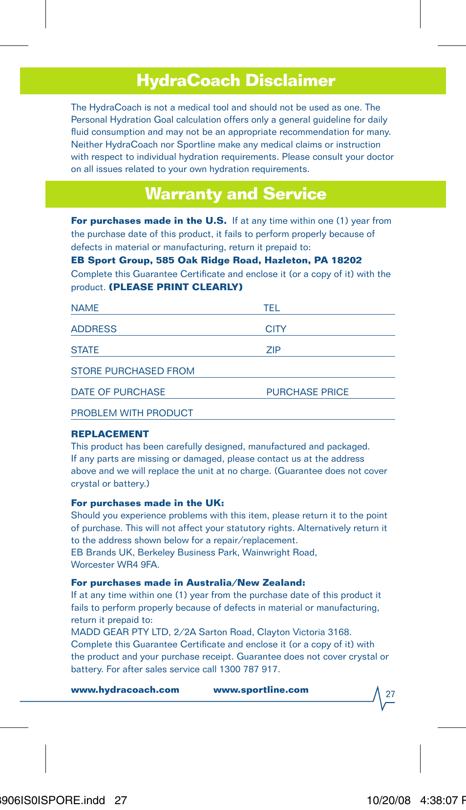 Hydracoach disclaimer, Warranty and service | Sportline Hydracoach User Manual | Page 27 / 28