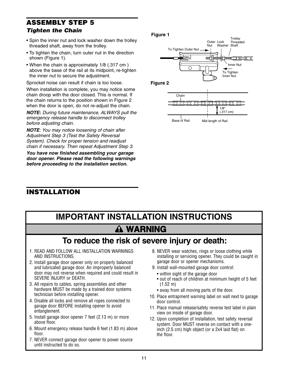 Tighten the chain, Installation, Important installation instructions | Assembly step 5 | Craftsman 139.5399 User Manual | Page 11 / 76