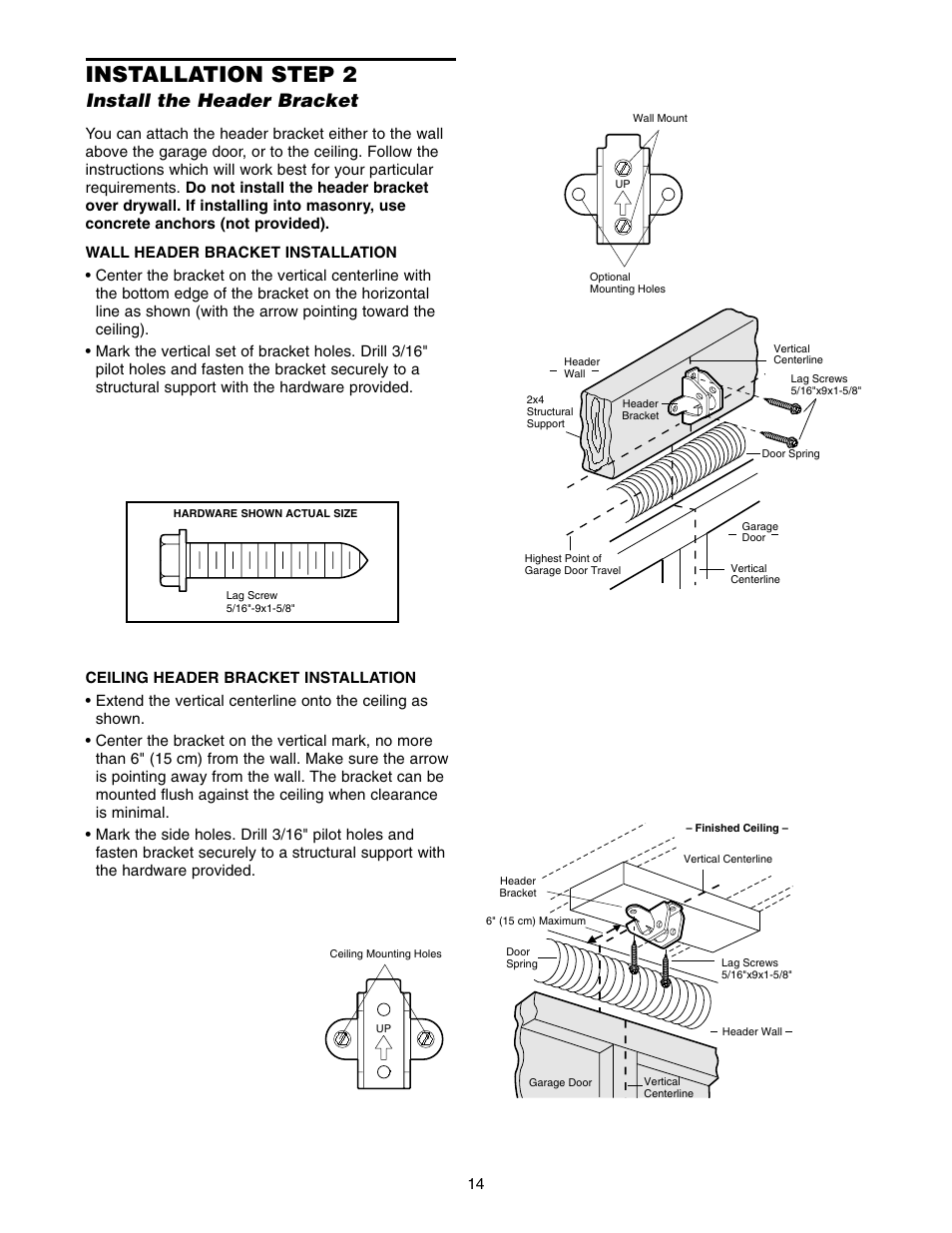 Install the header bracket, Installation step 2 | Craftsman 139.5399 User Manual | Page 14 / 76