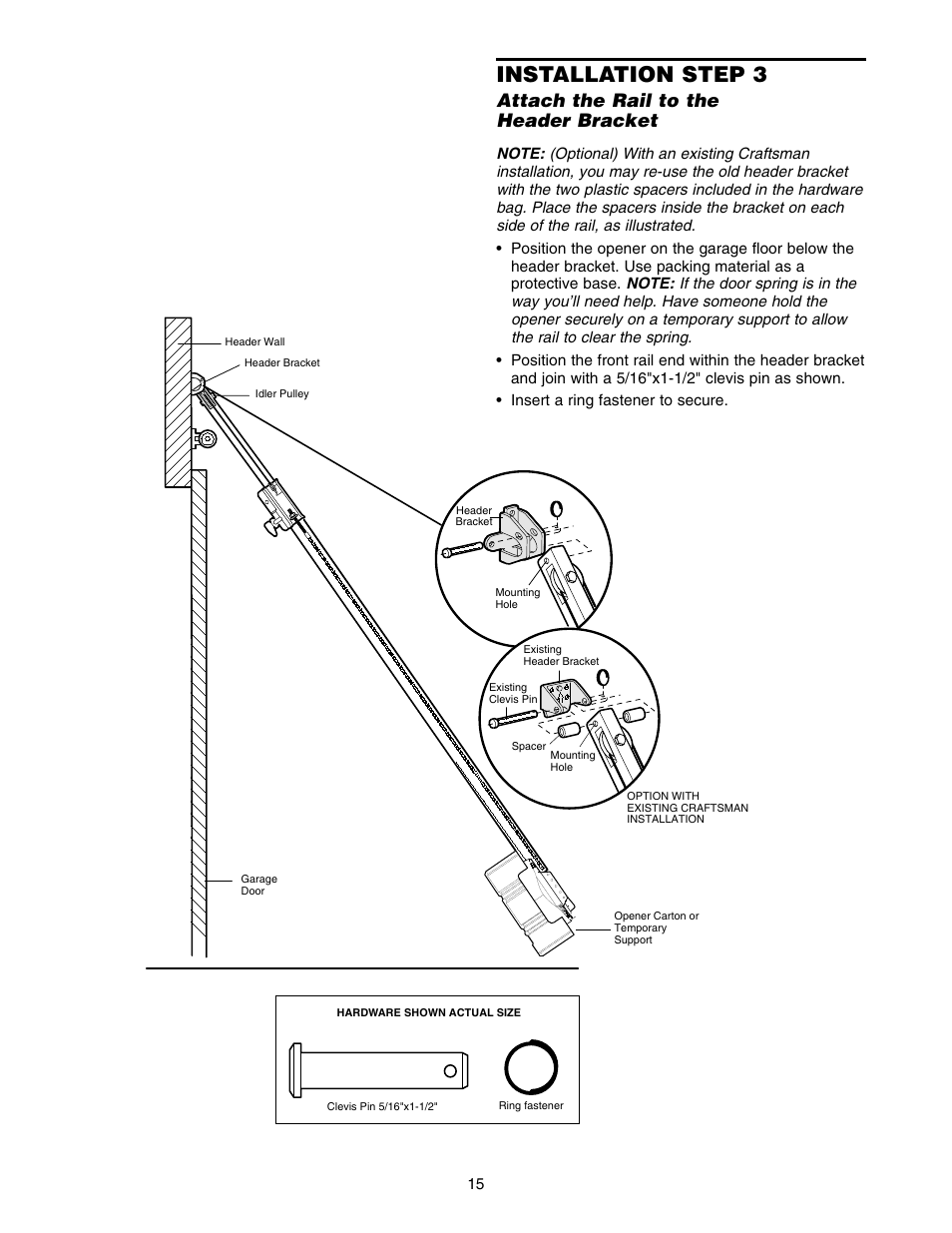 Attach the rail to the header bracket, Installation step 3 | Craftsman 139.5399 User Manual | Page 15 / 76