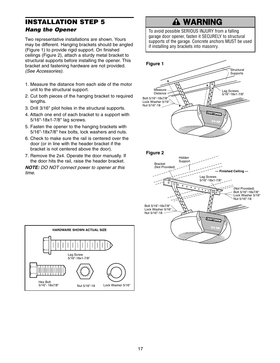 Hang the opener, Warning caution warning warning, Installation step 5 | Craftsman 139.5399 User Manual | Page 17 / 76