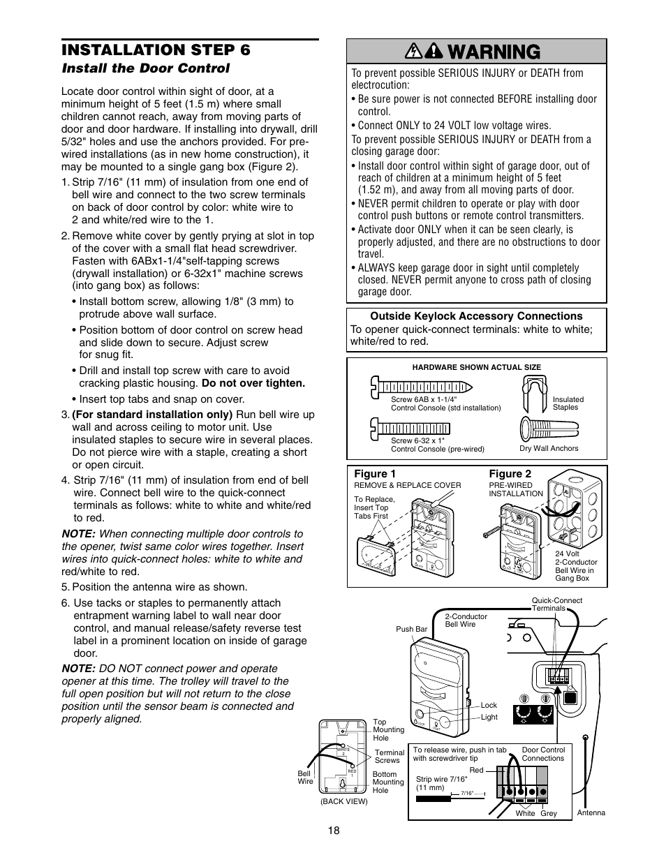 Install the door control, Warning caution warning warning, Installation step 6 | Figure 1 figure 2 | Craftsman 139.5399 User Manual | Page 18 / 76