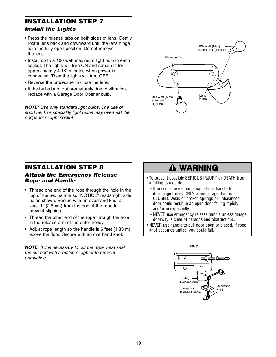 Install the lights, Attach the emergency release rope, Warning caution warning warning | Installation step 7, Installation step 8 | Craftsman 139.5399 User Manual | Page 19 / 76