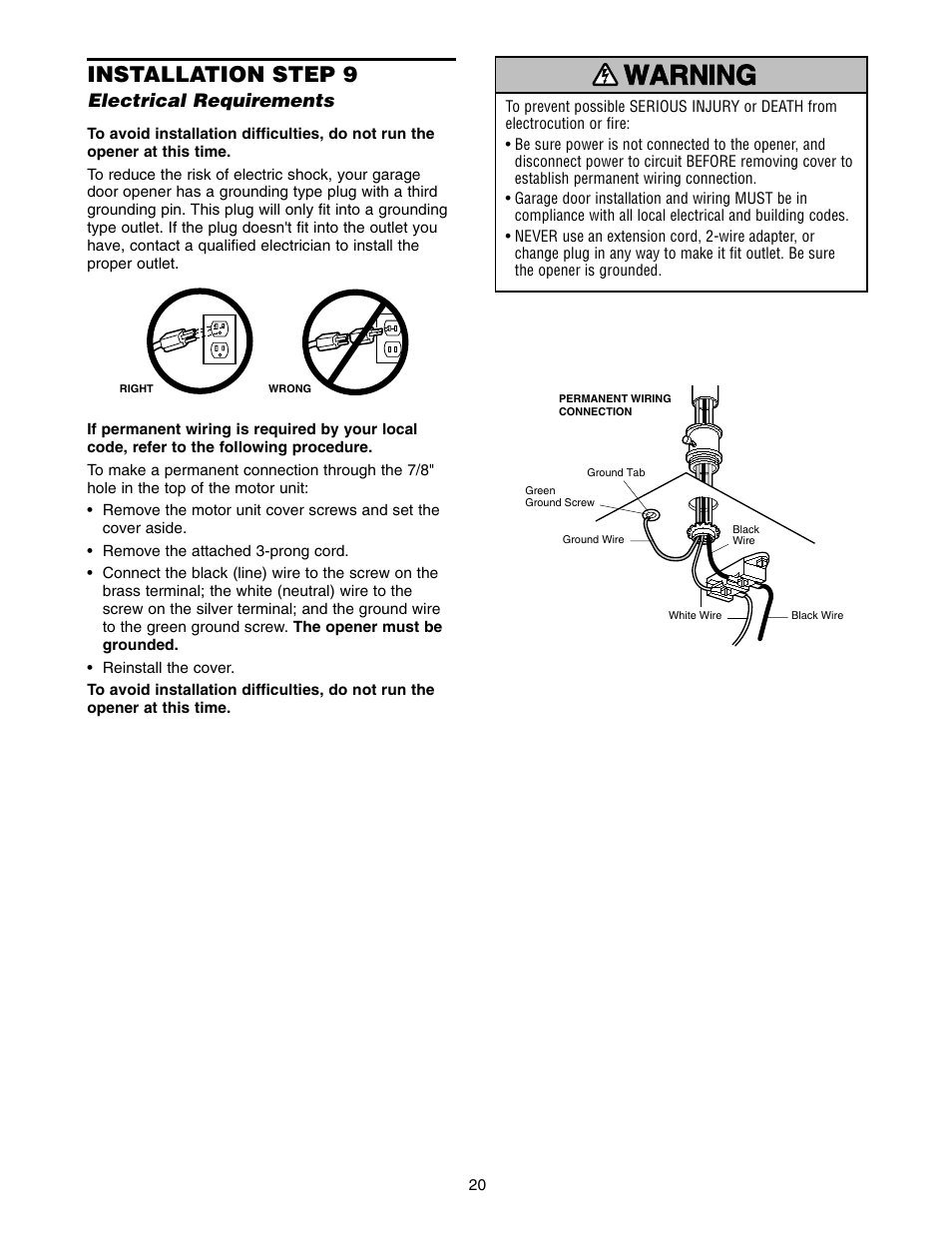 Electrical requirements, Warning caution warning warning, Installation step 9 | Craftsman 139.5399 User Manual | Page 20 / 76