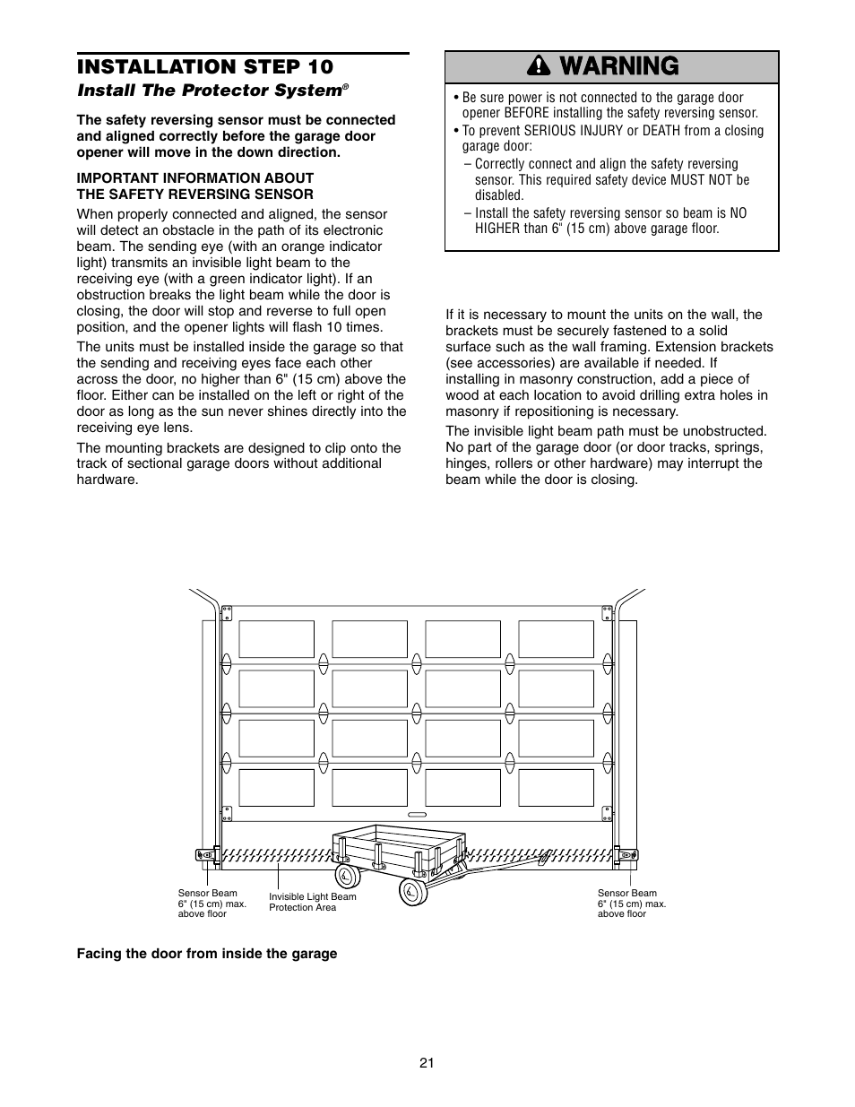 Install the safety reversing sensor, Warning caution warning warning, Installation step 10 | Craftsman 139.5399 User Manual | Page 21 / 76