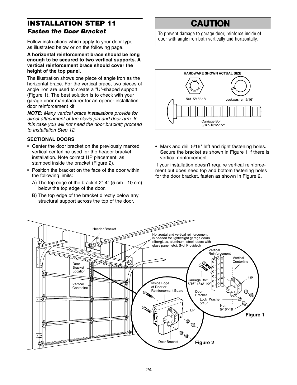 Fasten the door bracket, Warning caution warning warning, Installation step 11 | Craftsman 139.5399 User Manual | Page 24 / 76